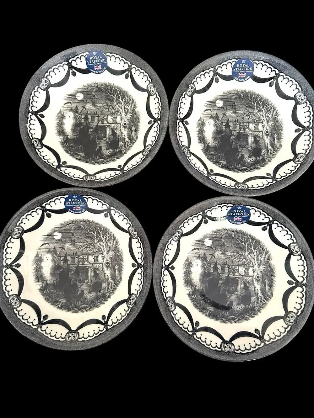 4 Royal Stafford Spookeyville Witches Coven Black Cat 8.5” Salad Plates NWT